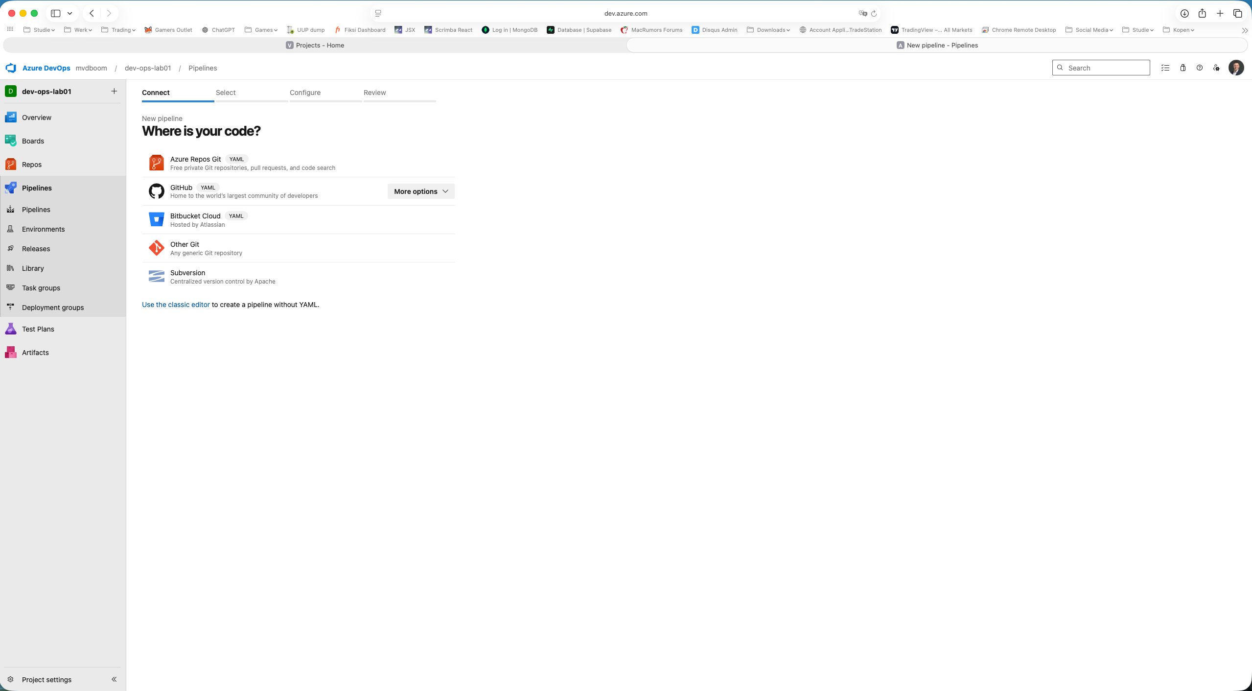 Pipeline wizard stap 1: bronselectie