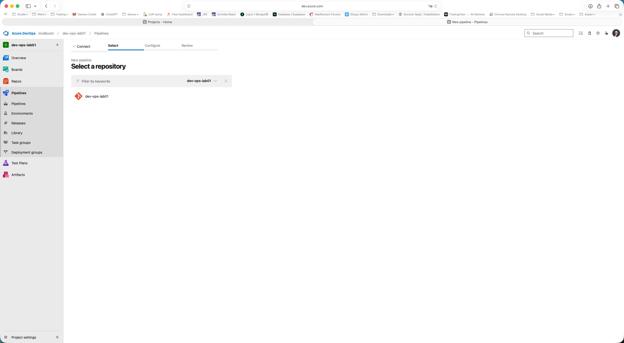 Pipeline wizard stap 2: een repository selecteren